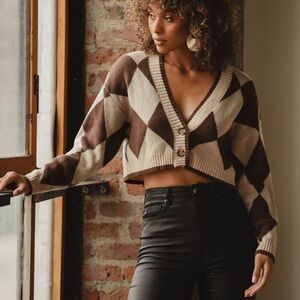 12th Tribe Kendra cream and brown checkered cropped cardigan